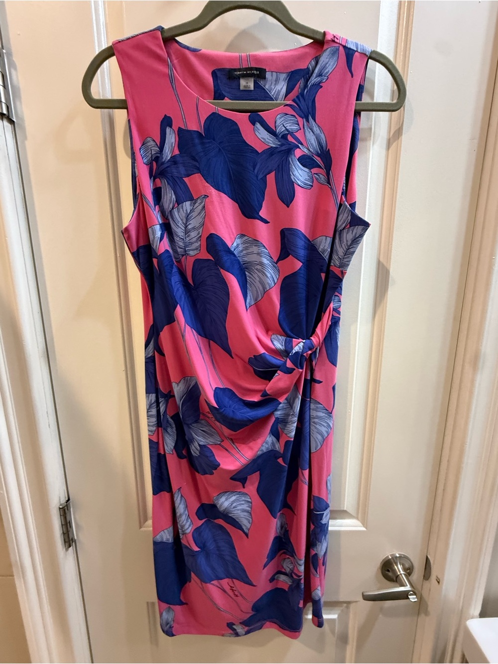 Tommy Hilfiger Pink & Blue Floral Midi Dress with Side Knot - See photos